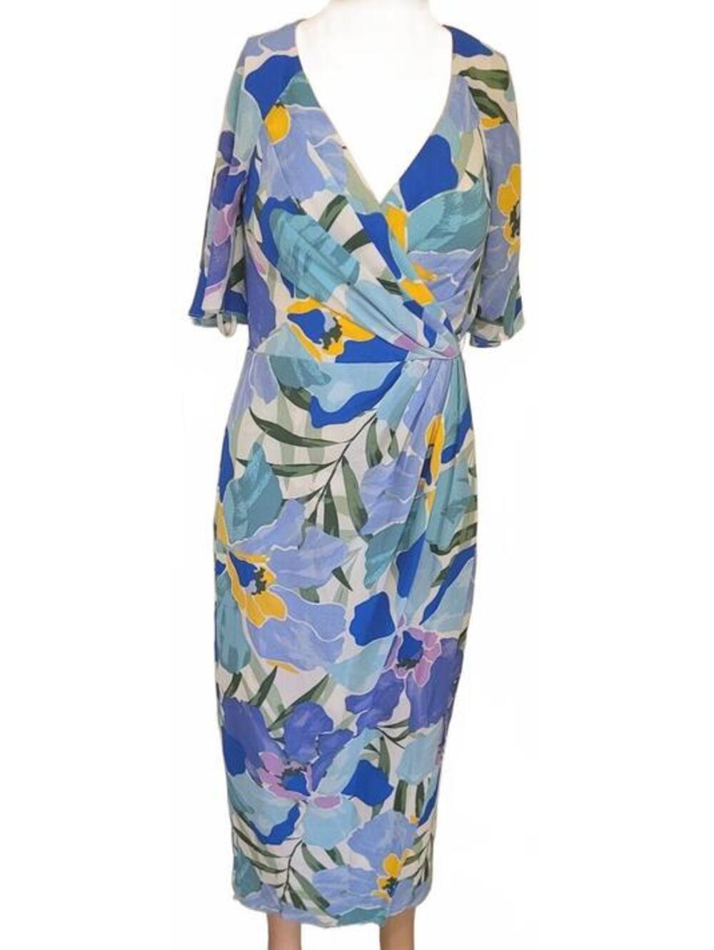Maggy London Floral Print Midi Women's Faux Wrap Multicolor Dress Size 0